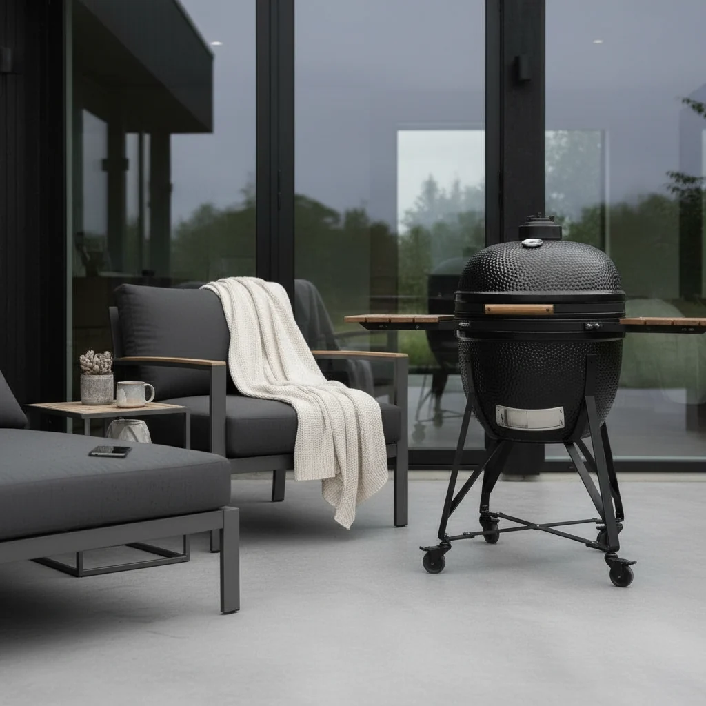 Kamado Nordic Flame 25" jalustalla ja sivupöydällä - Image 4