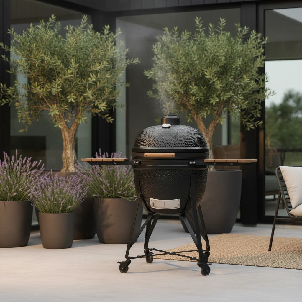 Kamado Nordic Flame 25" jalustalla ja sivupöydällä - Image 3